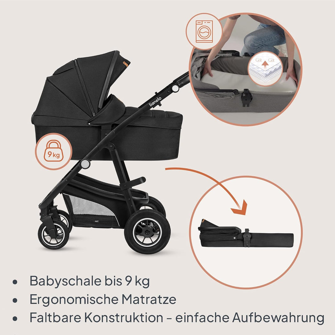LIONELO BIANKA Kinderwagen 3 in 1 bis 22 kg Babywanne Autositz, Zusammenlegbar, Reise-System, Einste