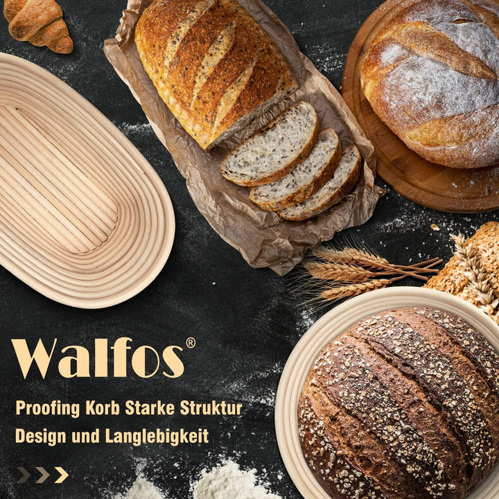 Walfos® Gärkorb zum Brotbacken 2er- Set, Gärkörbchen-Set (Runde 23cm+Oval 25cm), 100% Natürlichem Ra
