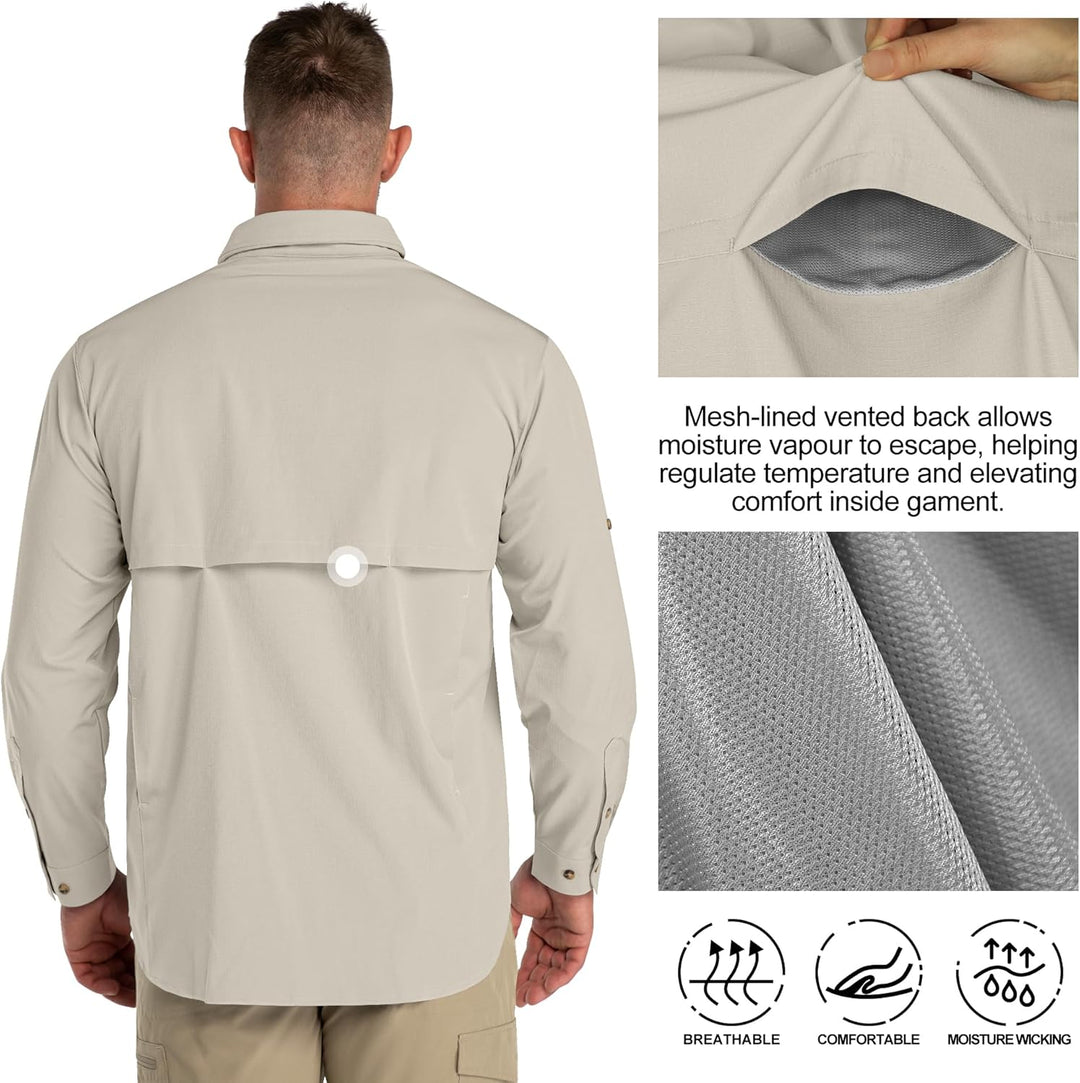 33,000ft Safari Hemd Herren Langarm Sportshemd UPF50+ UV Schutz Funktionshemd Atmungsaktiv Button-Do