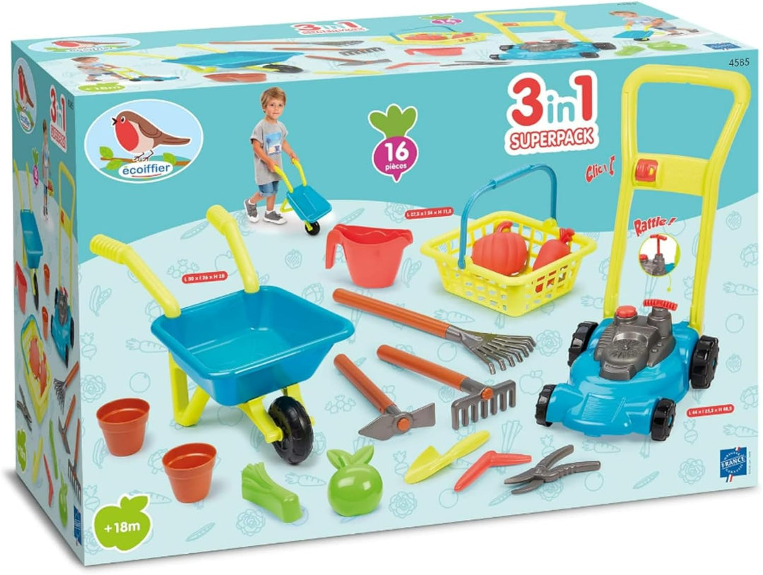 Spielzeug Ecoiffier 4585 Garten-Set, 3-in-1: Rasenmäher, Schubkarre, Korb und Gartenzubehör, Gartenw