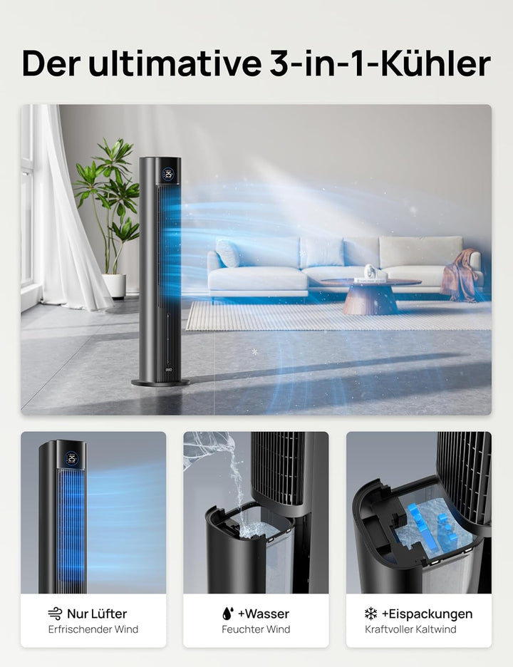 DREO Turmventilator mit Wasserkühlung, 110 cm Luftkühler mit Wasserkühlung Leise, 4-Geschwindigkeite