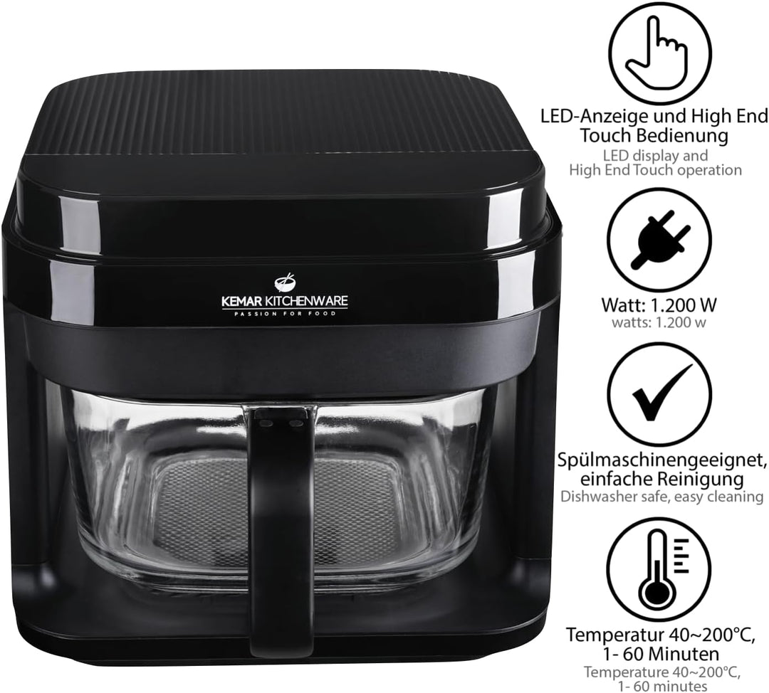 KHF-550 Heissluftfritteuse 5,5 Liter mit Touchdisplay und Frittierkorb aus Glas ohne Beschichtung, A