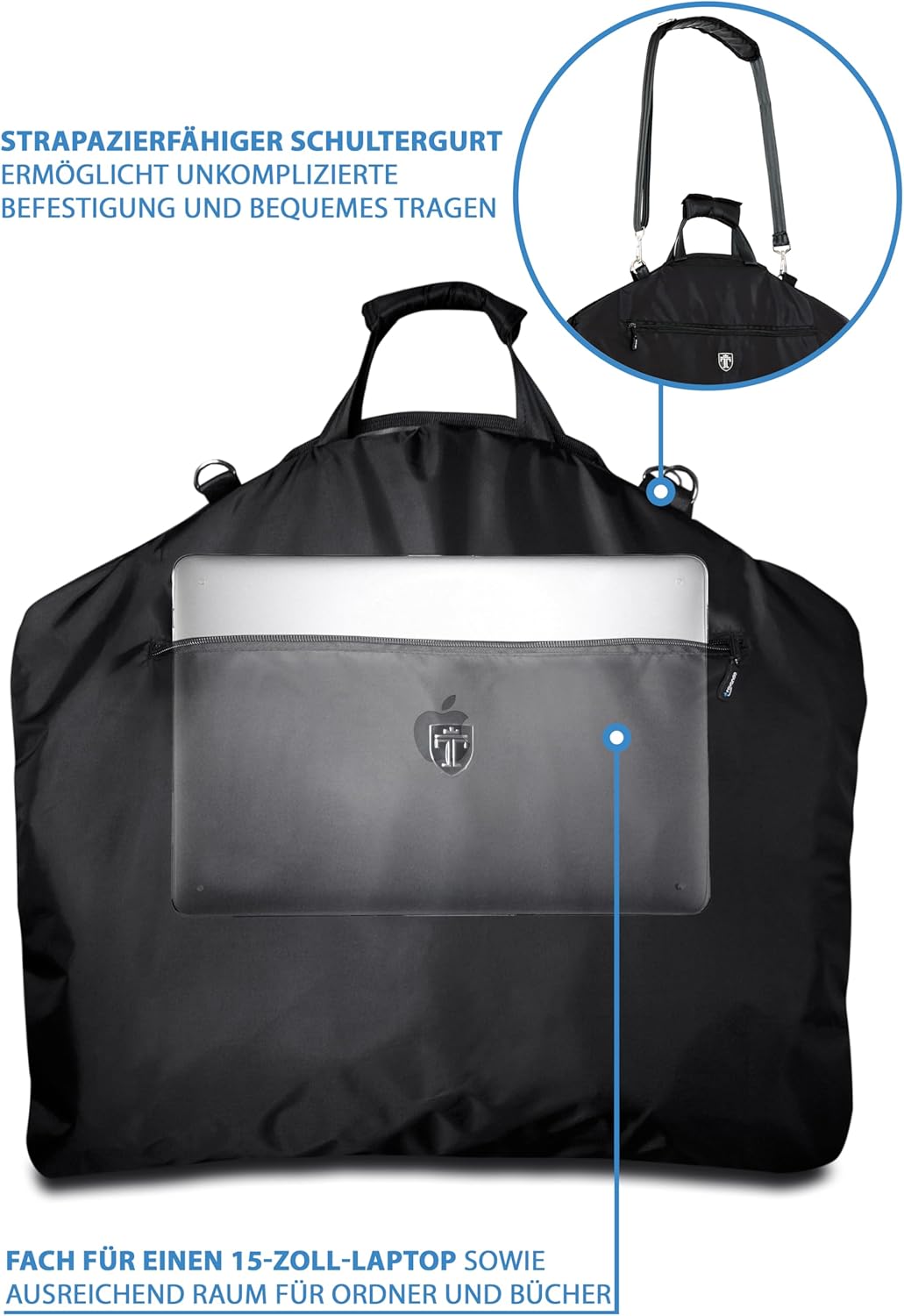 Travando Anzugtasche mit 15" Laptopfach und Schultergurt - Kleidersack Anzug Transporttasche Aufbewa