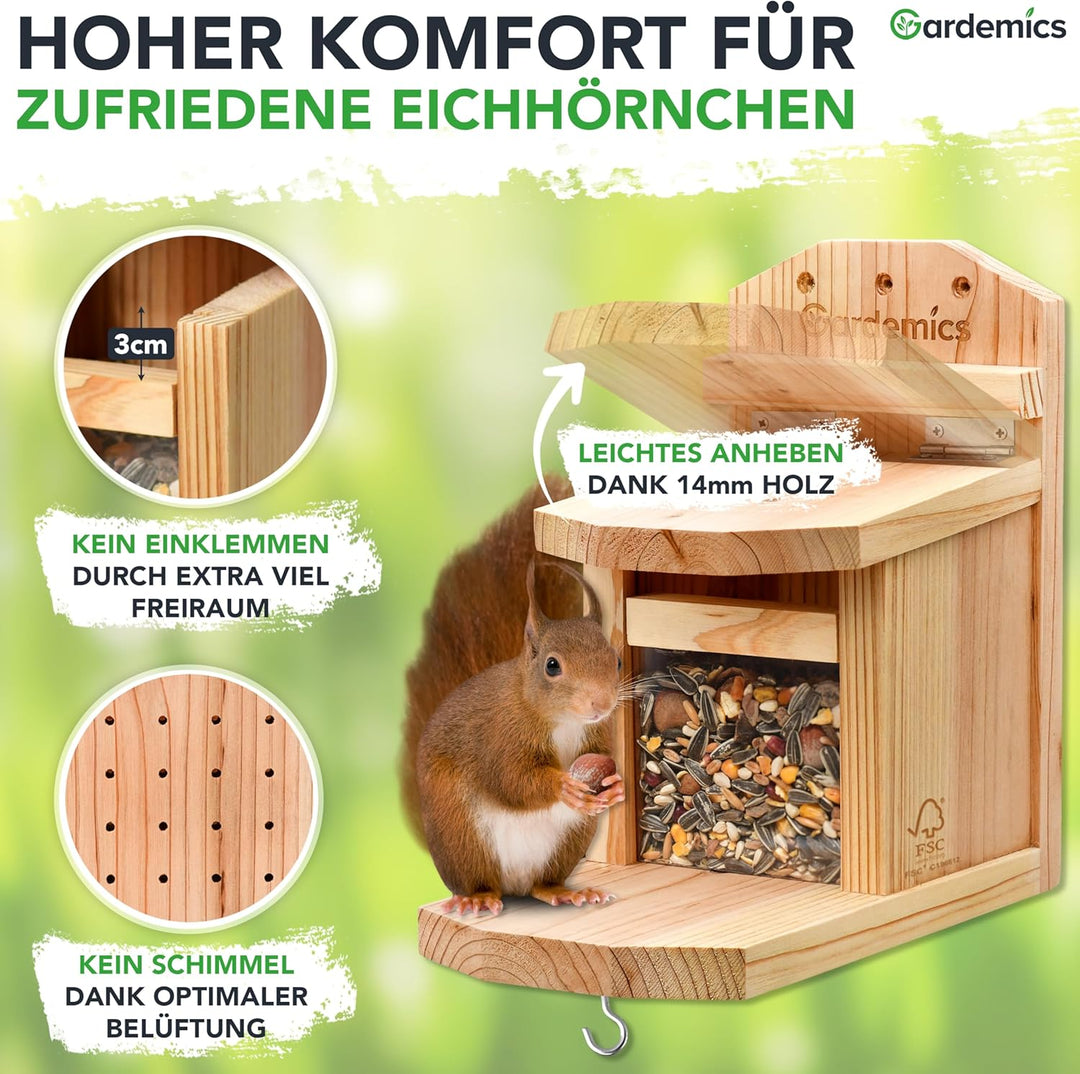 Gardemics Eichhörnchen Futterhaus wetterfest - Stabiles Eichhörnchen Haus aus verschraubtem Holz mit