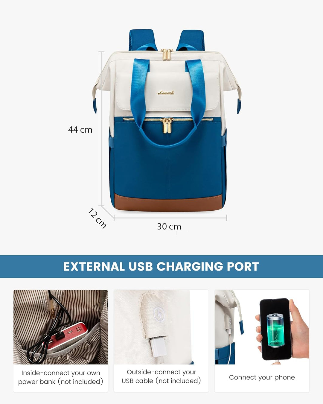 LOVEVOOK Rucksack Damen Blau, Laptoprucksack mit USB, Schultasche Teenager, Backpack Women Elegant,