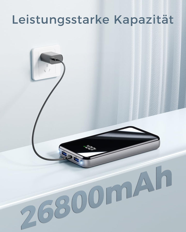 Power Bank 26800mAh, Powerbank 22,5W PD Schnellladefunktion, USB-C Externes Ladegerät mit LED-Displa