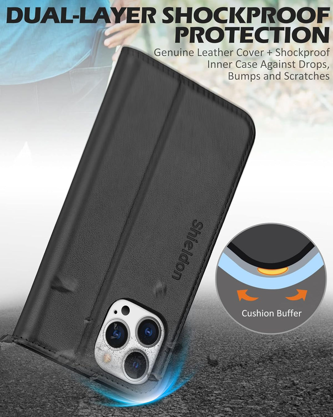 SHIELDON Hülle für iPhone 13 Pro, Handyhülle Schutzhülle [Echtleder] [Kartenfach] [Magnet] [Standfun