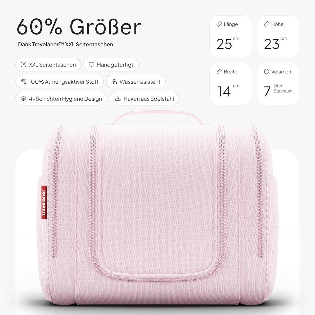 Travelaner Kulturbeutel zum Aufhängen, Damen/Herren, 7L, Rosa | Grosse Kulturtasche mit Haken: Kosme