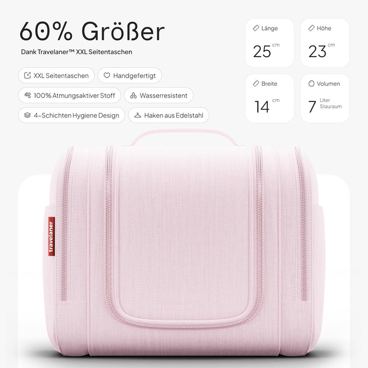 Travelaner Kulturbeutel zum Aufhängen, Damen/Herren, 7L, Rosa | Grosse Kulturtasche mit Haken: Kosme
