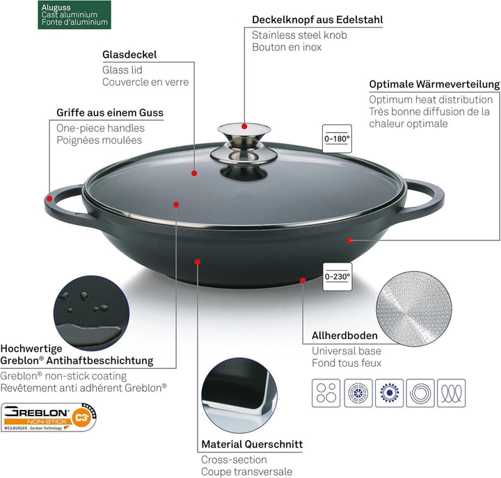 kela Wokpfanne mit Deckel 32 cm KERROS, 4l Wokpfanne Induktion, Aluguss beschichtet, Wok mit Deckel,