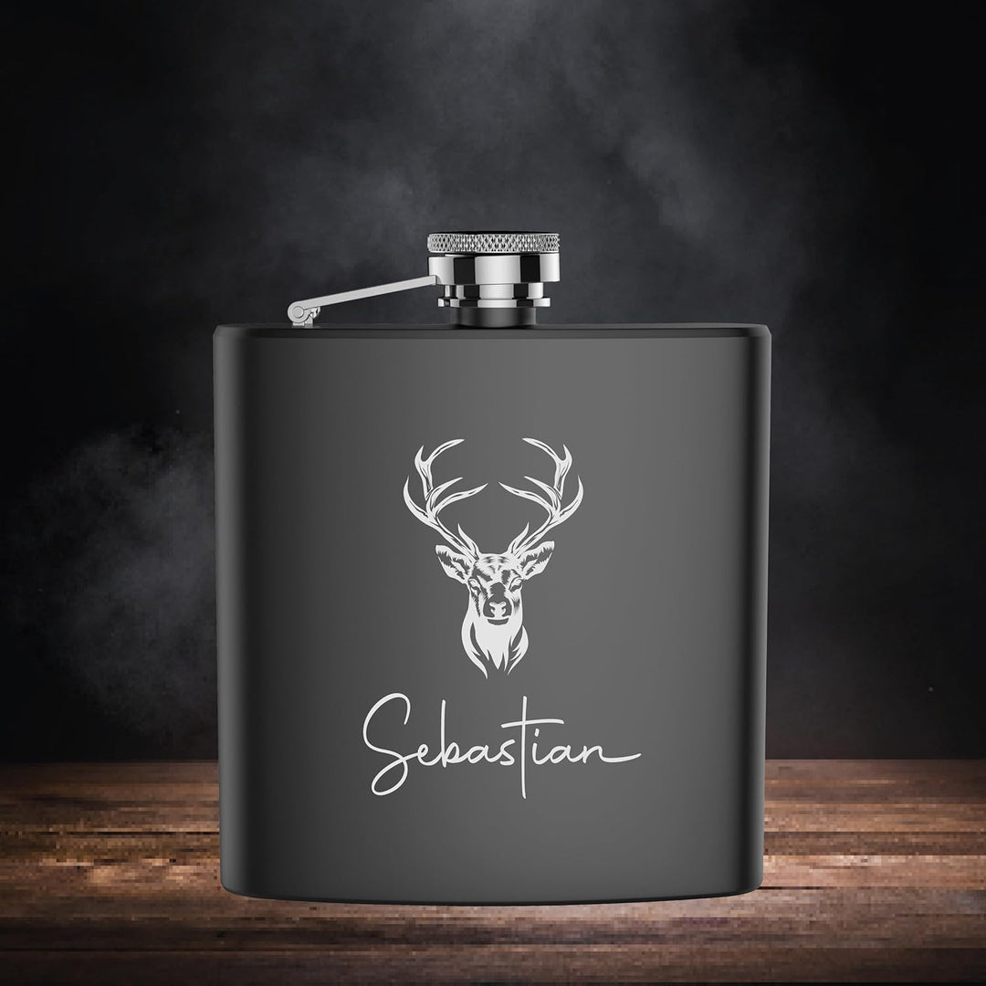 FORYOU24 Edelstahl Flachmann mit Gravur Hirsch Geschenk für Papa Opa Onkel Freund zu Weihnachten, Ge