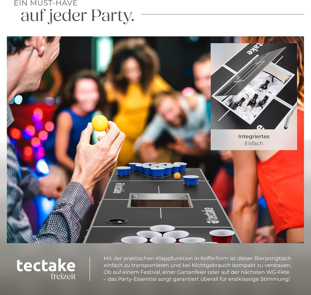 tectake® Bierpong Tisch, inkl. 100 Becher (50 rot & 50 blau) und 6 Bälle, mit Eisfach und Becherhalt