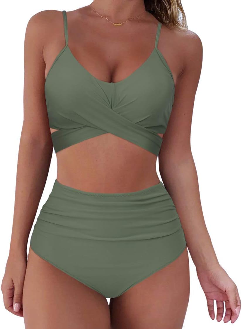 RXRXCOCO Damen Wickel Push Up Bikini Oberteil mit Bauchweg High Waist Bikini Set Bademode, Armeegrün