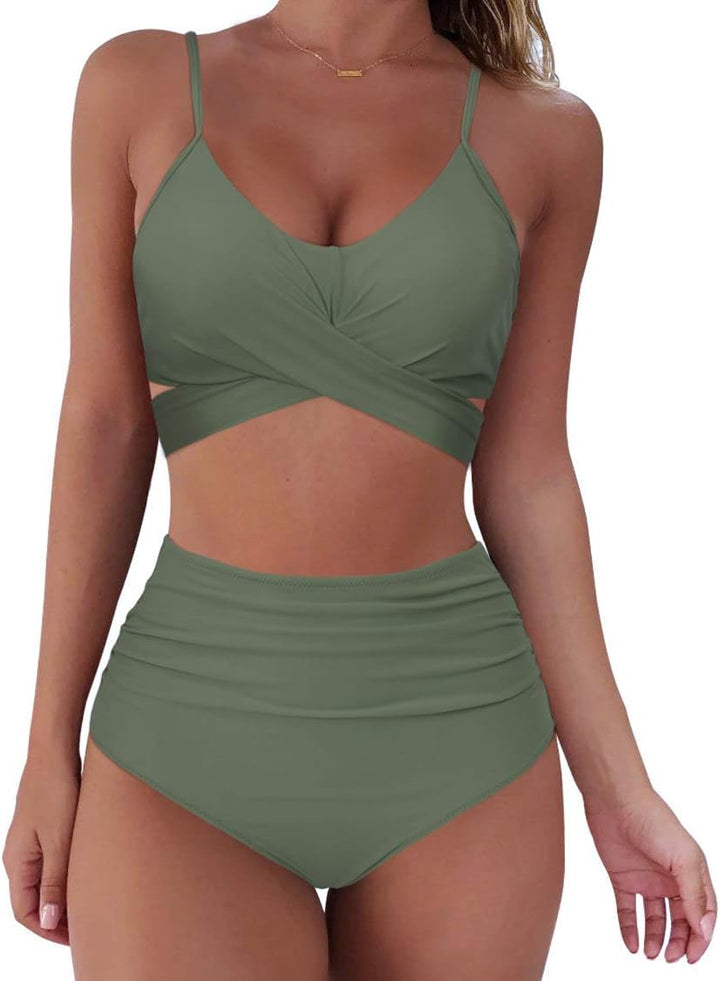 RXRXCOCO Damen Wickel Push Up Bikini Oberteil mit Bauchweg High Waist Bikini Set Bademode, Armeegrün