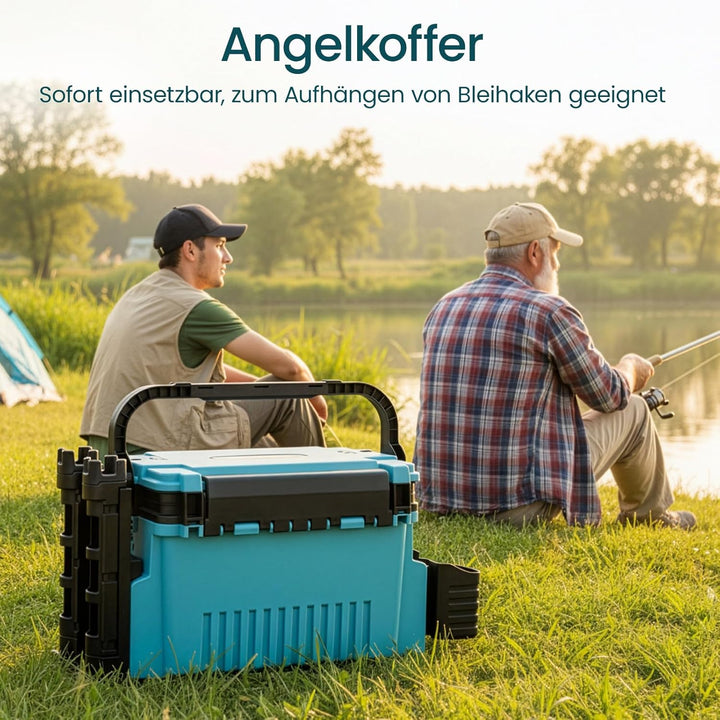 2-stöckig Gross Angelkoffer Tackle Box mit Rutenhalter & Becherhalter, klappbarem Tragegriff, 43×23×
