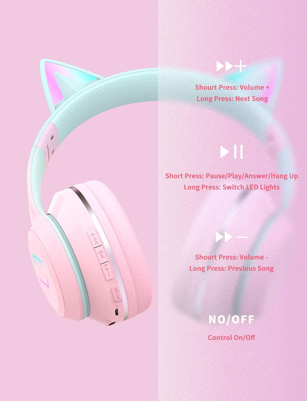 Bluetooth Kopfhörer Kinder,Kabellos Kinder Kopfhörer mit LED-licht Katzenohren und Mikrofon,HD Stere