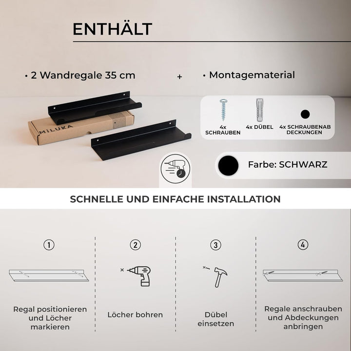 MILUKA Wandregal Schwarz aus Metall | 2er Set Schweberegale Schwarz 35 cm | Badezimmer Regal Wand |
