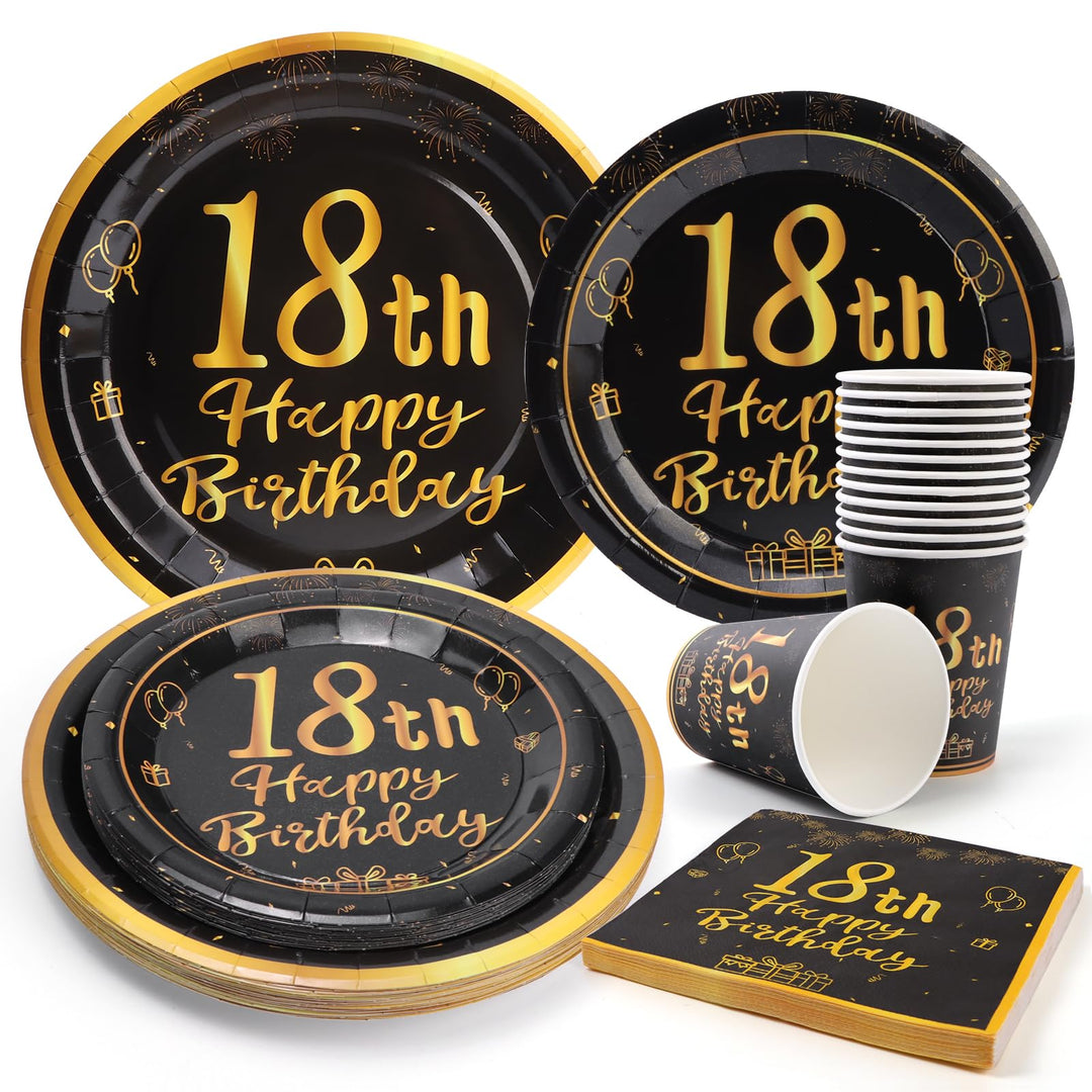 96 Stück Schwarz und Gold Geburtstag Party Geschirr Set, 18th Schwarz und Gold Geburtstag Party Gesc