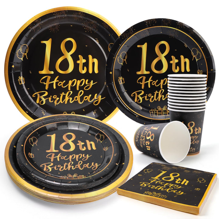 96 Stück Schwarz und Gold Geburtstag Party Geschirr Set, 18th Schwarz und Gold Geburtstag Party Gesc
