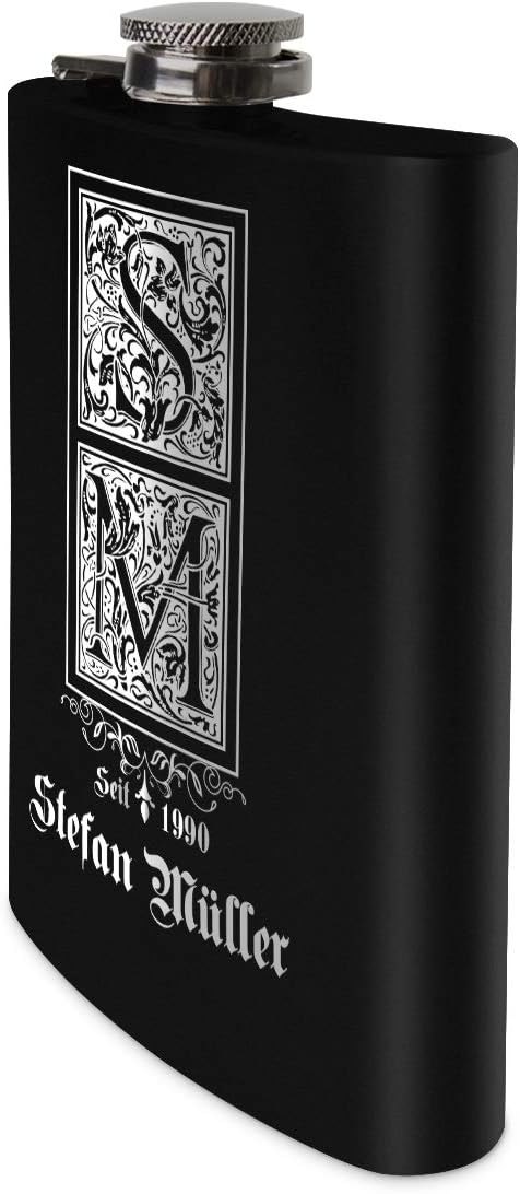 Flachmann Edelstahl Schwarz Matt 237 ml 8 oz individuelle Gravur in Silber - Verzierte Initialen, Ve