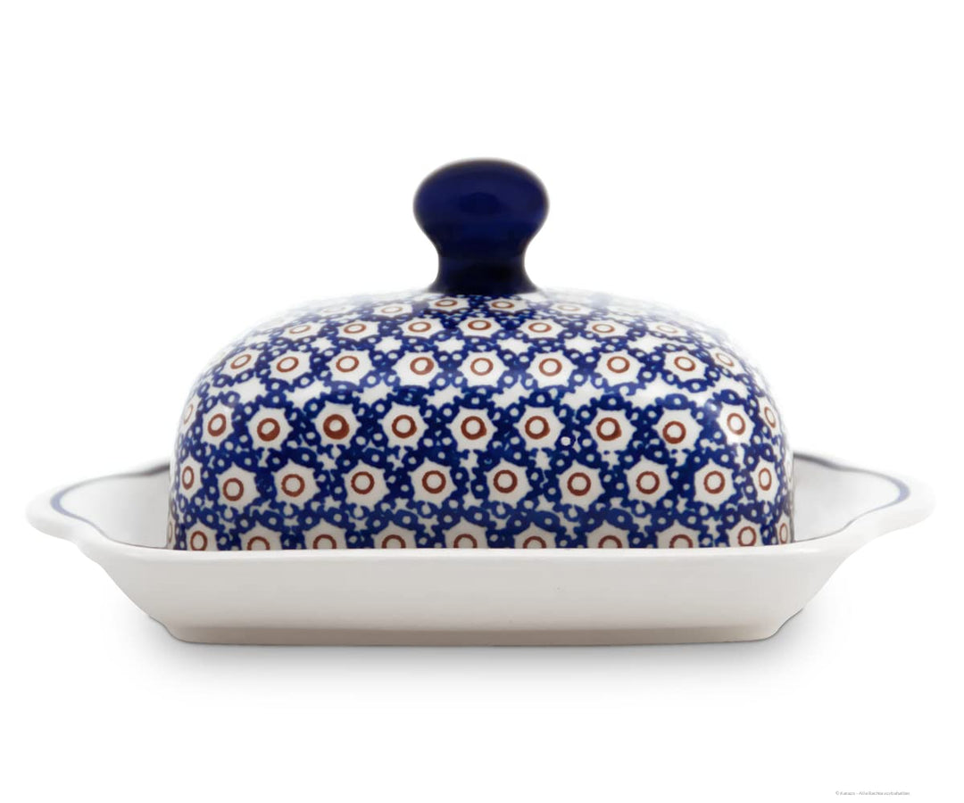 HDmirrorR Original Bunzlauer Keramik Butterdose für 1 Stück Butter (250g) im Retro-Dekor 4, Blau