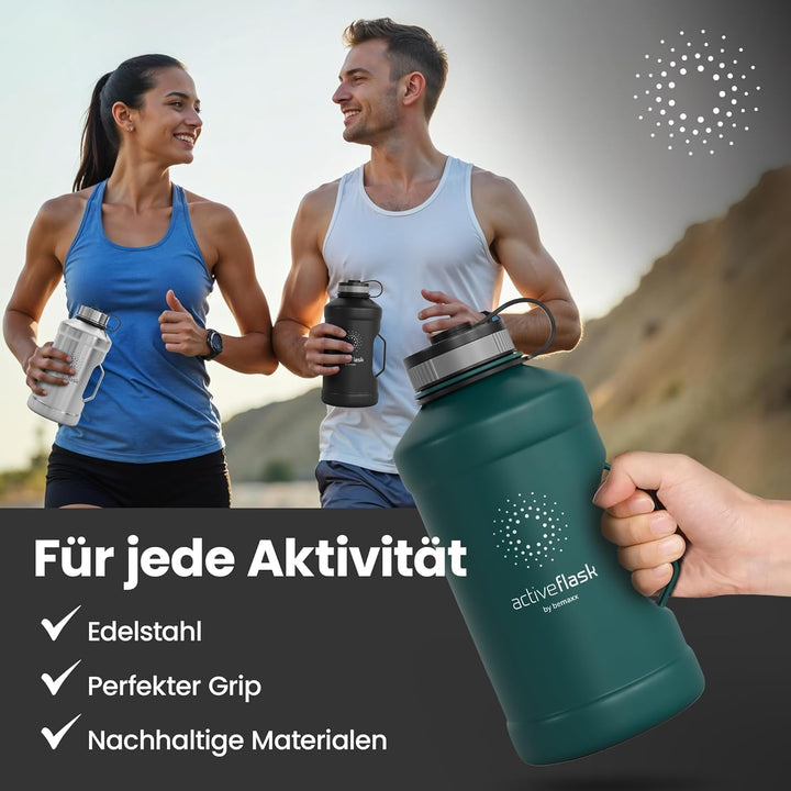 BeMaxx Trinkflasche Edelstahl ACTIVE FLASK + Strohhalm (3 Deckel) | Grosse 2,2 Liter Sportflasche BP