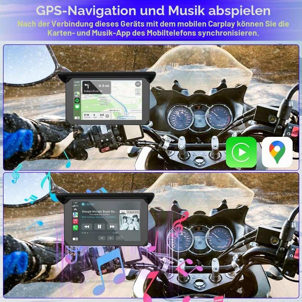 VSYSTO CP5 Motorrad Carplay Bildschirm, Kabelloses CarPlay und Android Auto, 5 Zoll Wasserdichtem To