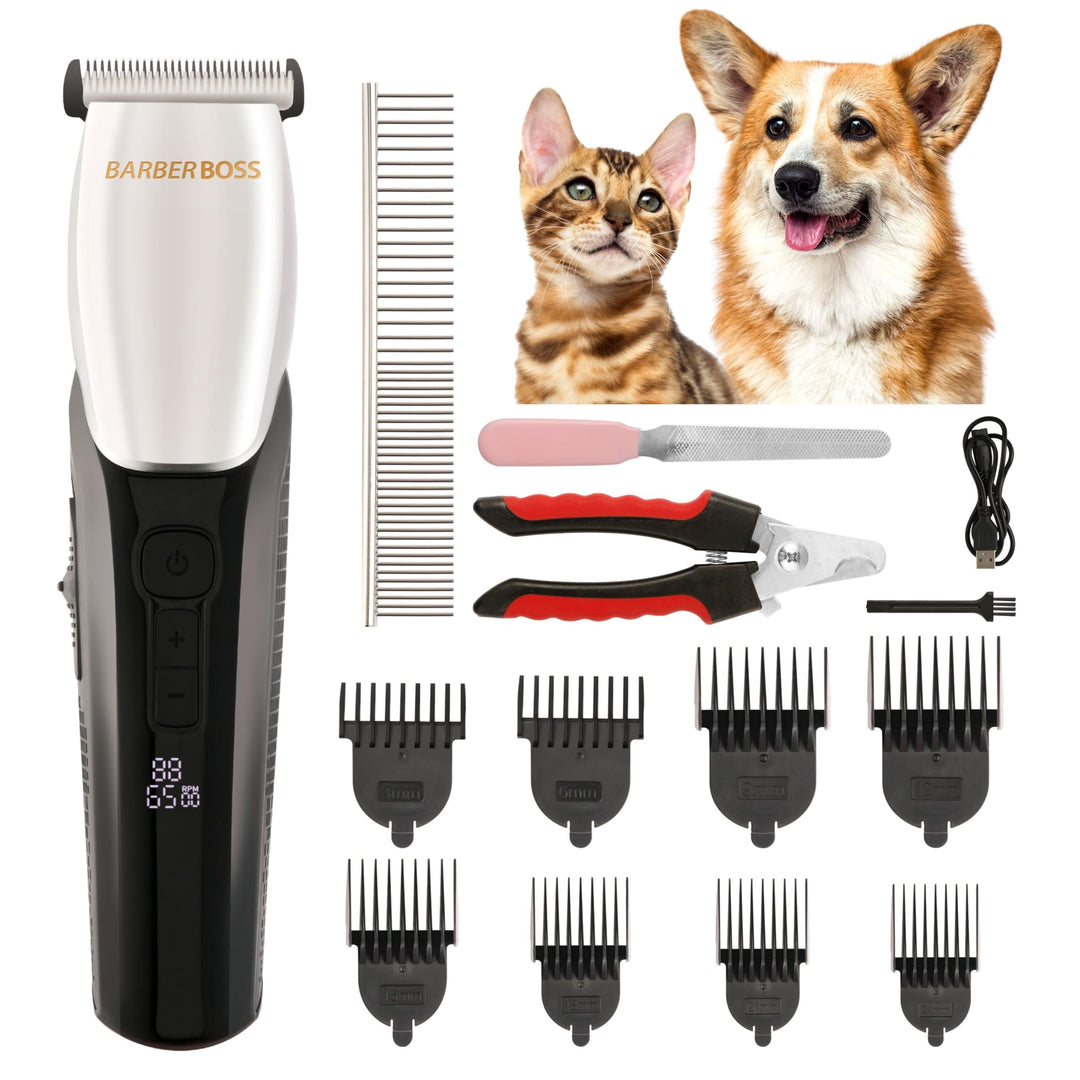 BarberBoss Hundefriseur mit 8 Kammaufsätzen, schlankes Design mit 4 Geschwindigkeitsstufen, 100% was