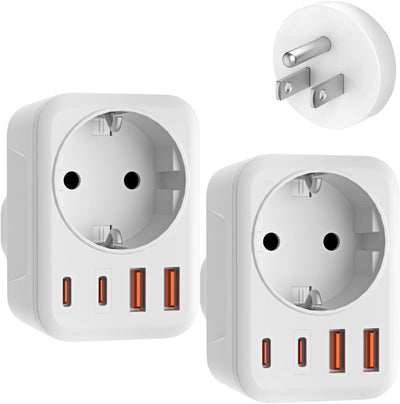 2 Pack USA Adapter Steckdose, 5-In-1 Adapter USA Deutschland Stecker mit 1 AC 2 USB-C 2 USB-A (3.4A)