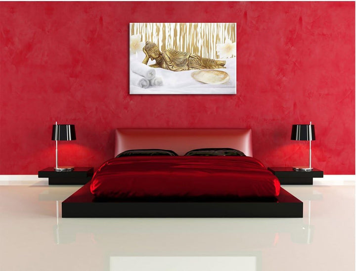 Pixxprint Goldener Buddha auf Handtuch Kunst Buntstift Effekt, Format: 100x70 auf Leinwand