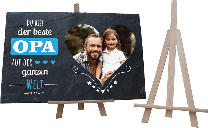 wandmotiv24 Schiefertafel Bester Opa mit Holz-Staffelei, Personalisiert mit Farb-Foto im Herz, Digit