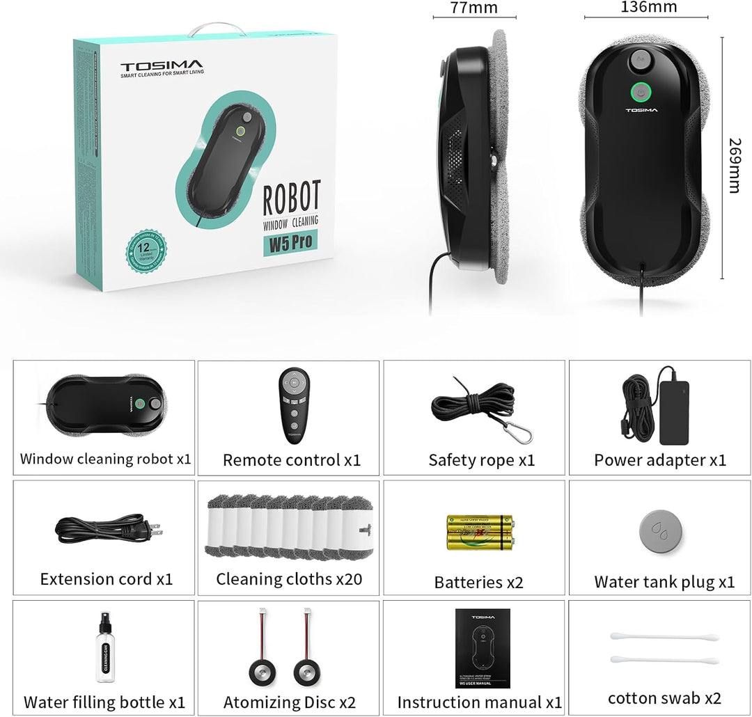 Tosima W5 6400 Pa Fensterputzroboter mit Sprühfunktion (Fernbedienung und 20-Zoll-Panni)