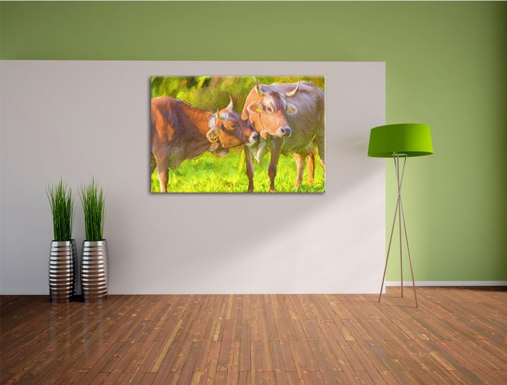 Kuhbullen auf Weide Deluxe Format: 100x70 cm auf Leinwand, XXL riesige Bilder fertig gerahmt mit Kei