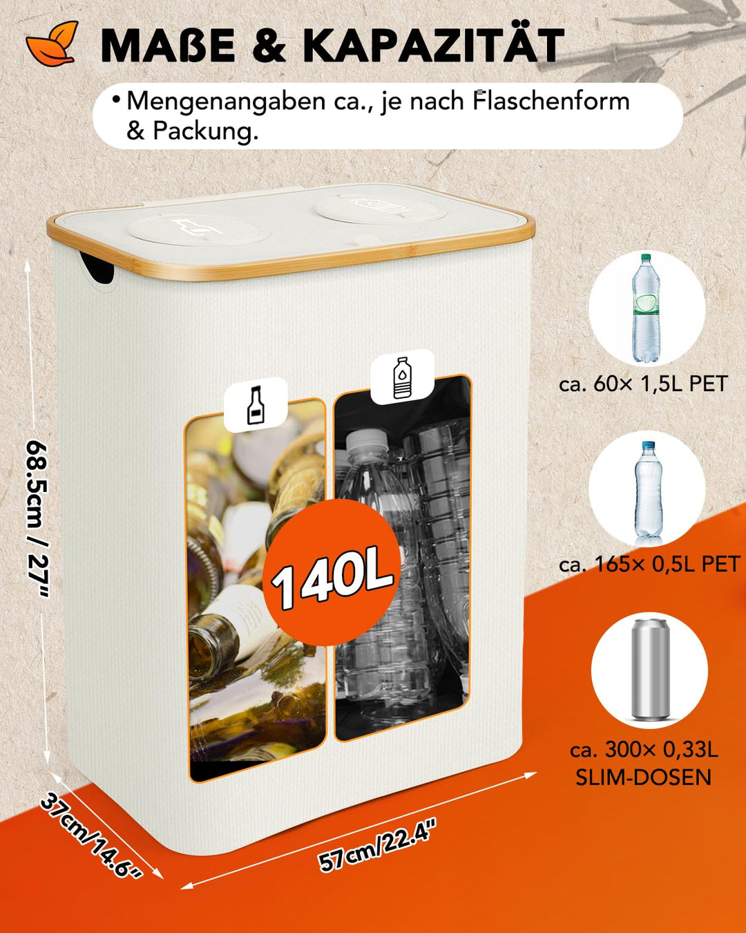 SOUTHGATE Pfandflaschen Sammelbehälter 140L mit Deckel, 2 Fächer & Tragetasche | Faltbar, Geruchsdic