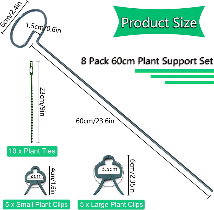 JIALWEN 8 Stück 60 cm Pflanzenstütze, Garten-Einzelstiel-Metall-Pflanzenstützpfahl mit 10 Pflanzenbi