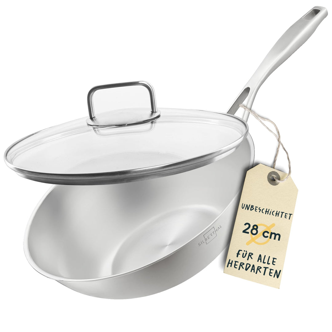 SILBERTHAL Edelstahl Wok Unbeschichtet 28 cm Deckel PFOS &amp; PFOA &amp; PTFE frei