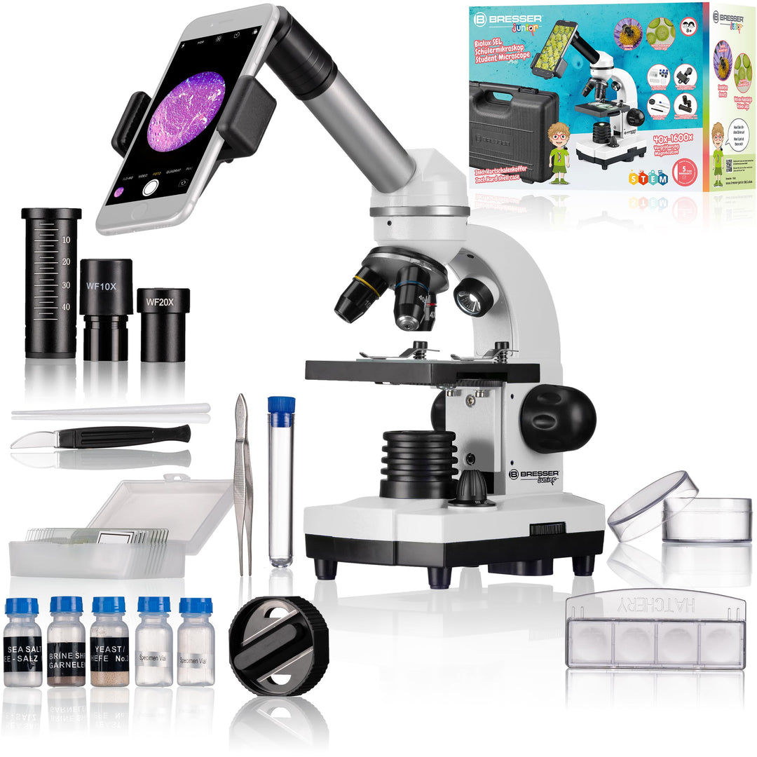 Bresser Biolux SEL Schülermikroskop Set mit Beleuchtung, Smartphoneadapter, Hartschalenkoffer, einem