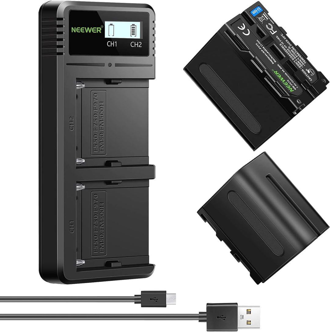 NEEWER Ladegerät Dual USB mit 2Stk 6600mAh Ersatzakkus NP-F970, Schnellladegerät kompatibel mit Sony
