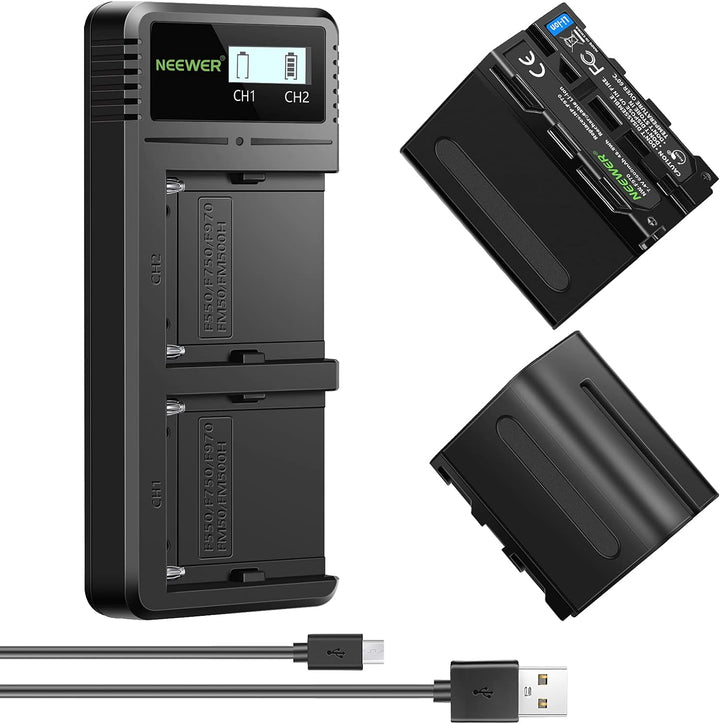 NEEWER Ladegerät Dual USB mit 2Stk 6600mAh Ersatzakkus NP-F970, Schnellladegerät kompatibel mit Sony