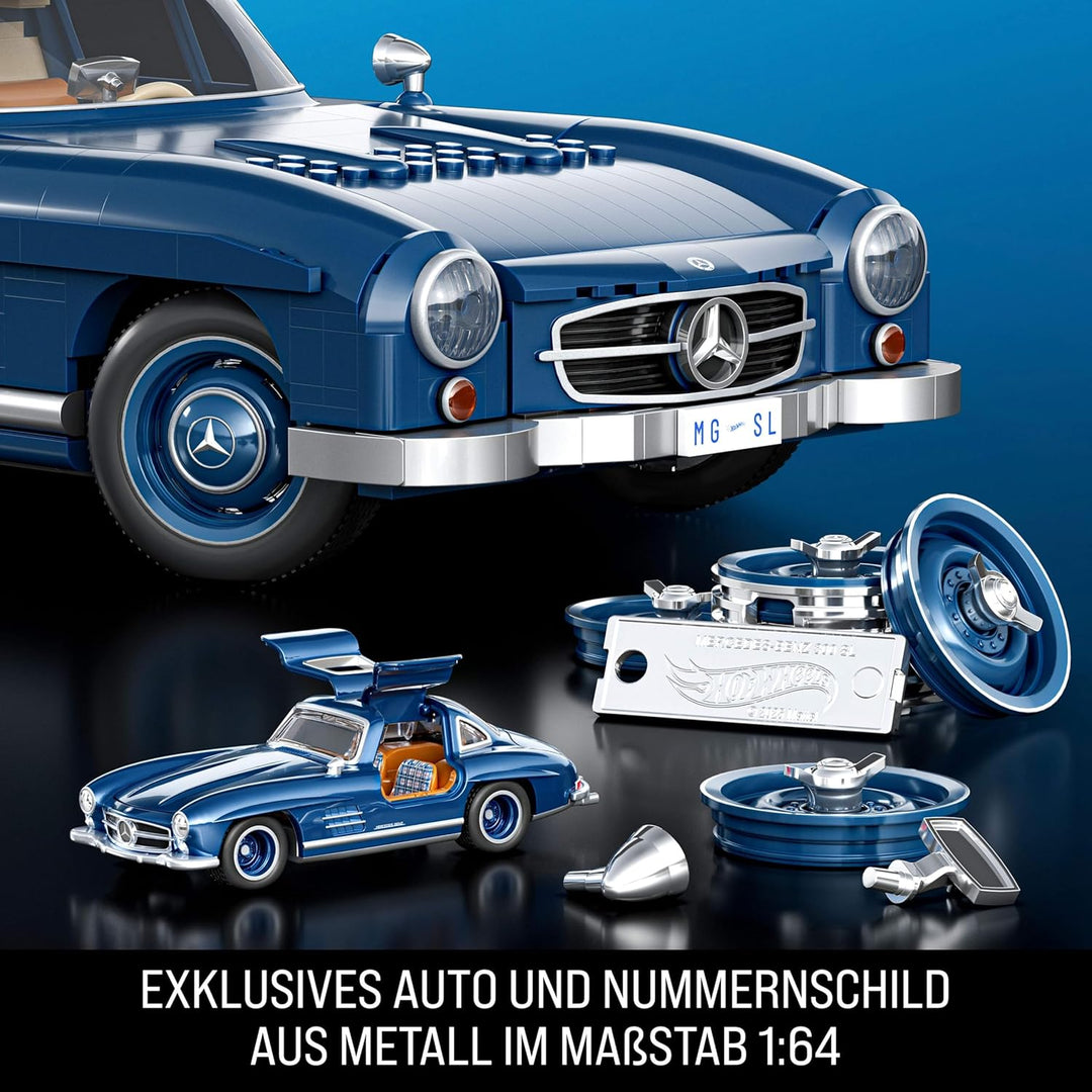 Mattel Brick Shop Hot Wheels Premium Serie Bauset, Mercedes-Benz 300 SL mit 1600 Teilen, realistisc