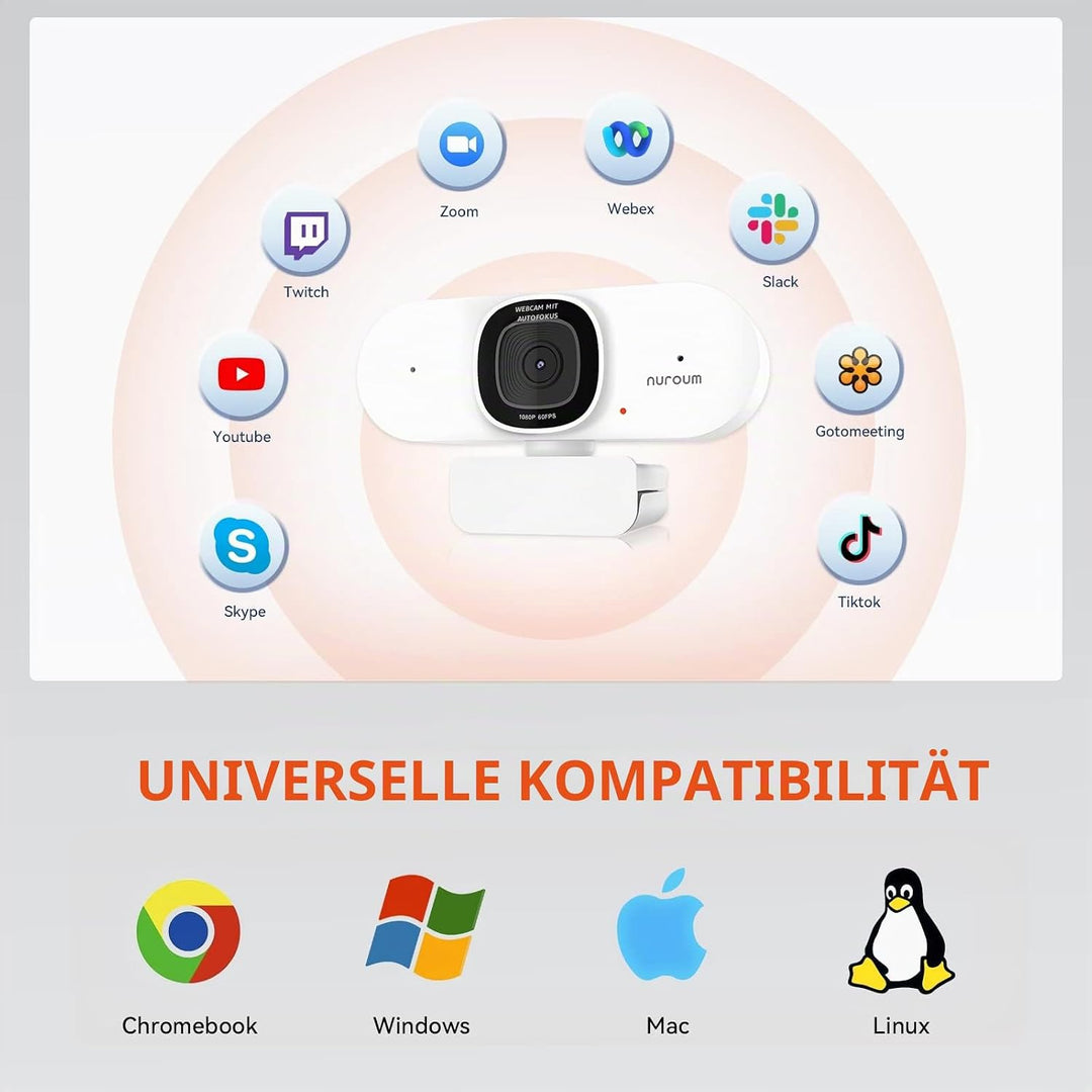 Nuroum V15-AF 2K Webcam mit Autofokus, 1080P 60fps PC Kamera mit Mikrofon, 75°Weitwinkel/Rauschunter