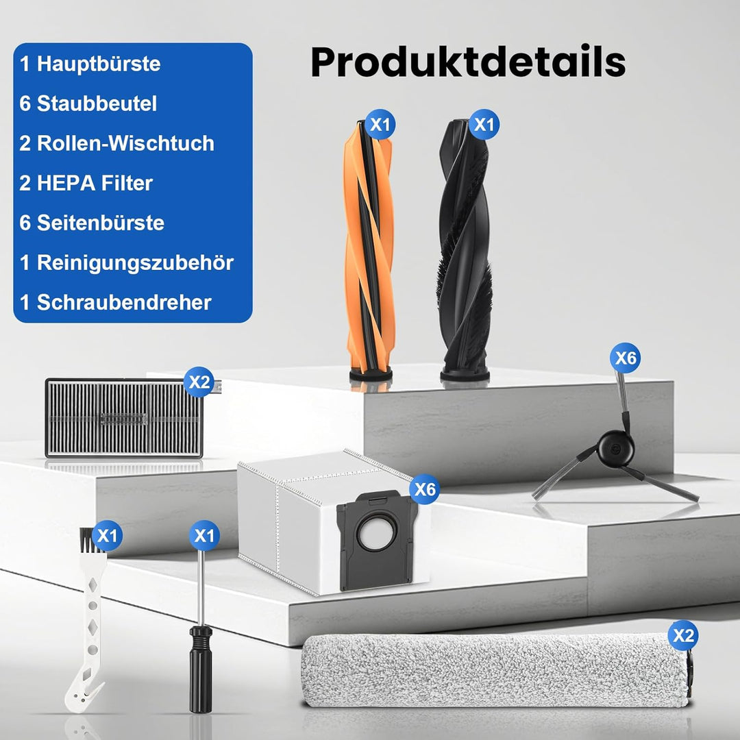 20 Stück Zubehör für Dreame Aqua10 Ultra Saugroboter, 1 Hauptbürste 6 Staubbeutel 2 Rollen-Wischtuch