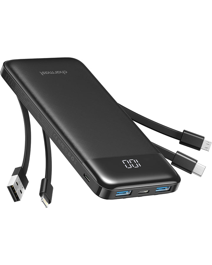 Charmast Powerbank 10000mAh Externer Akku USB C Power Bank mit 4 integriertes Ladekabel Tragbares La