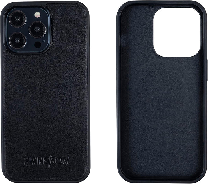 HANS/SON Echtlederhülle in Schwarz | iPhone 14 Pro Ledercase | Schutz vor Stürzen und Stössen | Mags