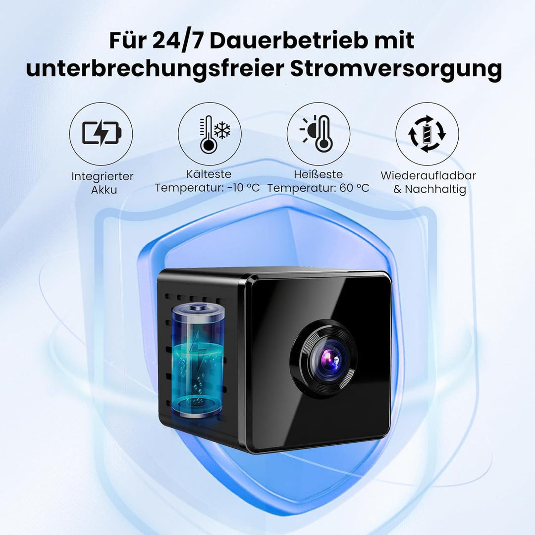 javiscam Mini Kamera inklusive Eurostecker,4K WiFi Überwachungskamera Innen Akku mit Nachtsicht, Kam