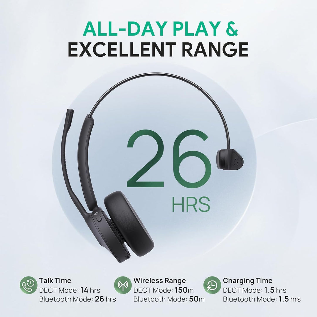 Yealink WH64 Wireless Headset mit Mikrofon,185 m Reichweite DECT & Bluetooth Mono Kabelloses Headset