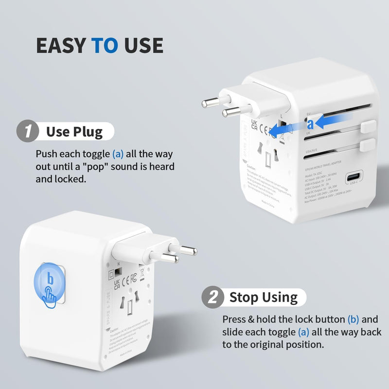 EPICKA Reiseadapter Weltweit, Universal Reisestecker Adapter 30W, Internationaler Steckdosenadapter