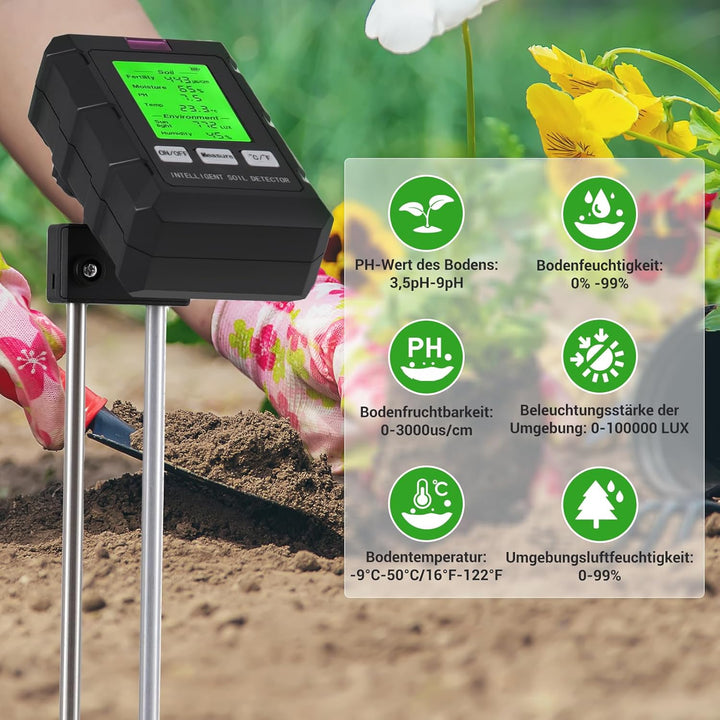 6 in 1 Bodentester, Präzises Digitales Messgerät für pH-Wert, Feuchtigkeit, Fruchtbarkeit, Licht, Te