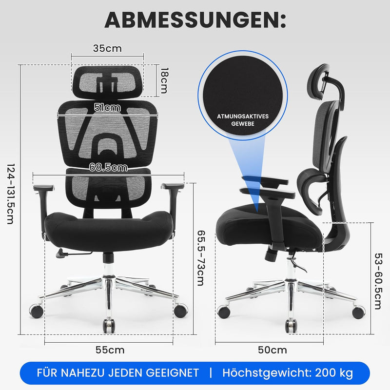 Fantasylab 3D Ergonomischer Bürostuhl 200KG Grosser und hoher Bürostuhl mit 3D Weiches Kissen 4D Arm