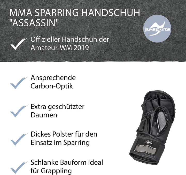 Ju-Sports Carbon MMA Handschuhe für Sparring Assassin schwarz, PU - Kampfsporthandschuhe mit Handrüc